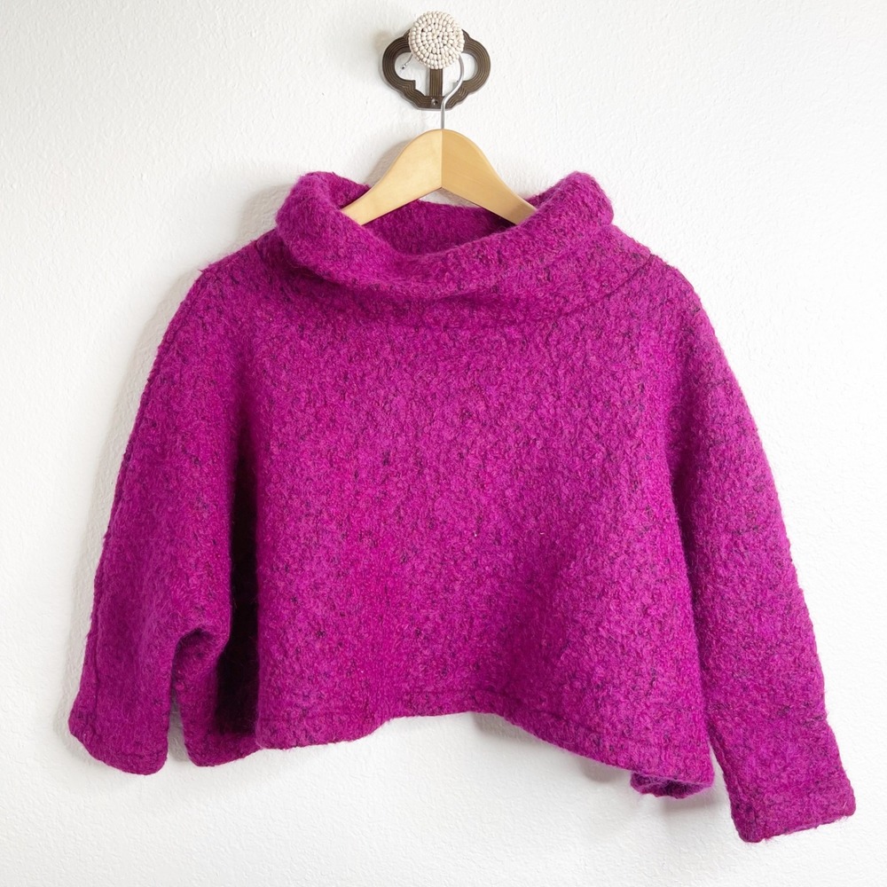 Bryn Walker Magenta Pink Wool Blend Cowl Neck Cropped Boxy Sweater Made in USA